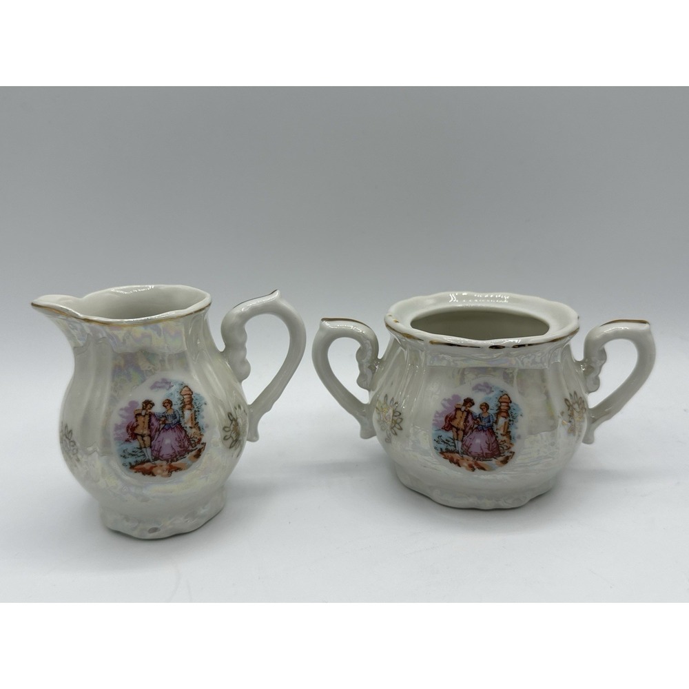 Vintage Japanese Lusterware Creamer Sugar Set Courting Couple Iridescent Japan